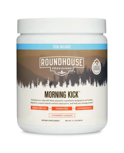 ROUNDHOUSE PROVISION Morning Kick, Zero Sugar Greens Superfood Powder Supplement with Ashwagandha, Collagen, Probiotics, Debloat Drink, 30 Servings (Strawberry Lemonade) by Chuck Norris