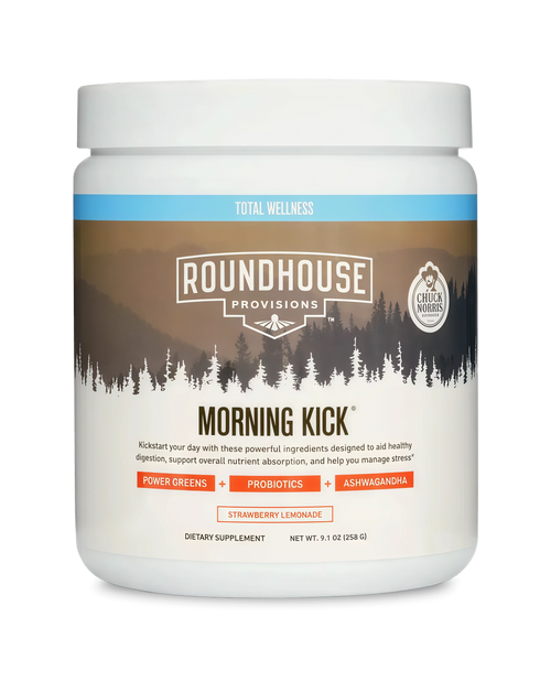ROUNDHOUSE PROVISION Morning Kick, Zero Sugar Greens Superfood Powder Supplement with Ashwagandha, Collagen, Probiotics, Debloat Drink, 30 Servings (Strawberry Lemonade) by Chuck Norris